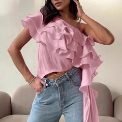Elegant Irregular Backless Pleated Ruffle Flutter Halter Shirt Mssza