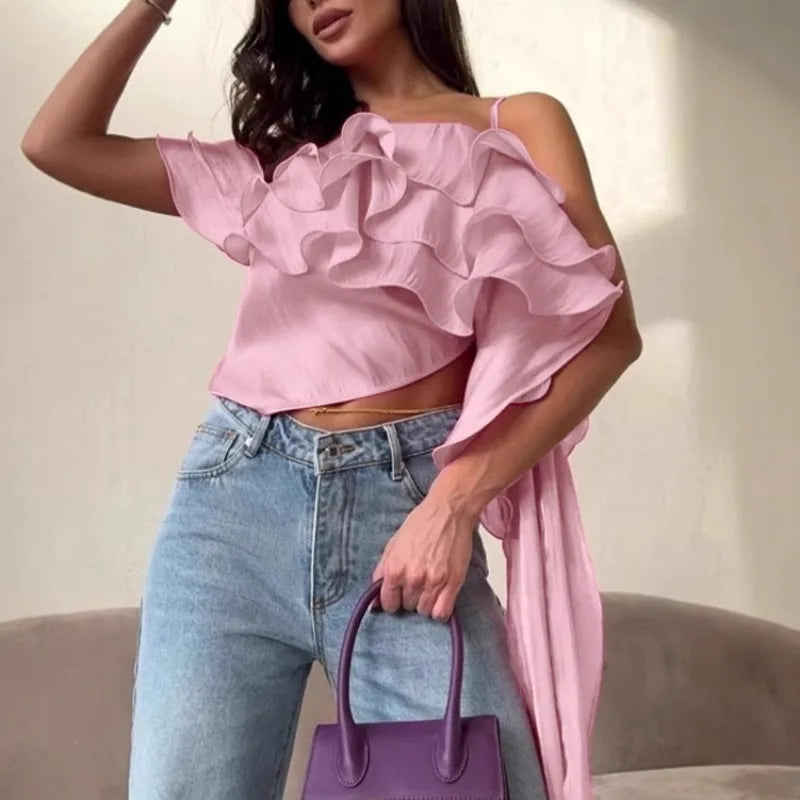 Elegant Irregular Backless Pleated Ruffle Flutter Halter Shirt Mssza
