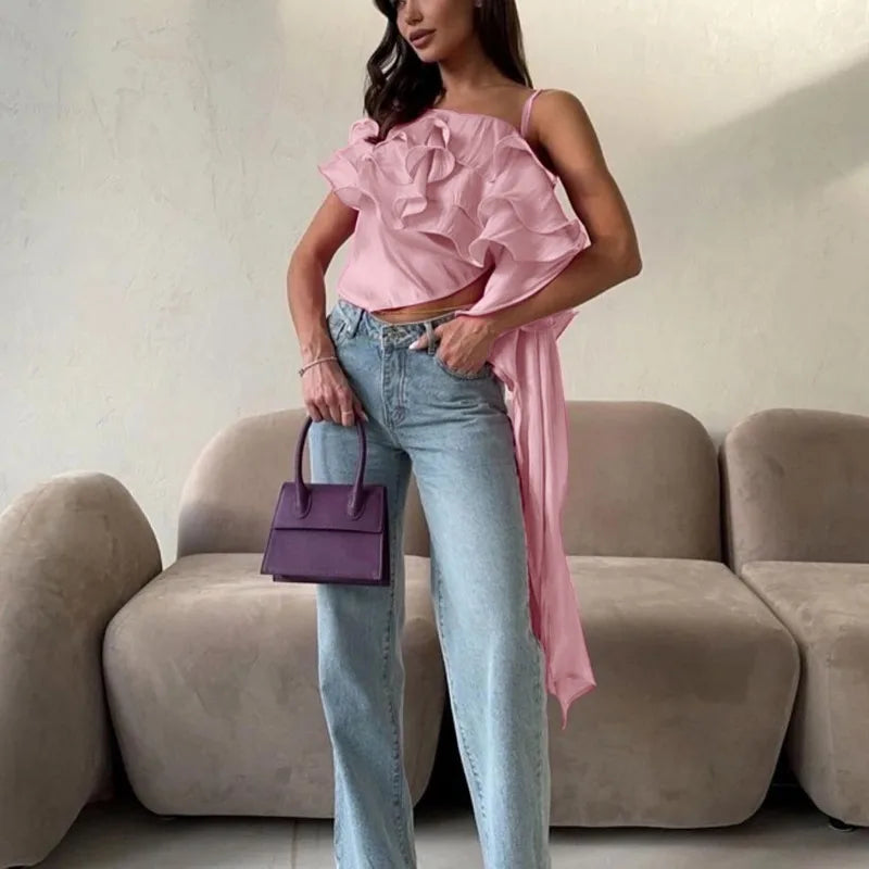 Elegant Irregular Backless Pleated Ruffle Flutter Halter Shirt Mssza