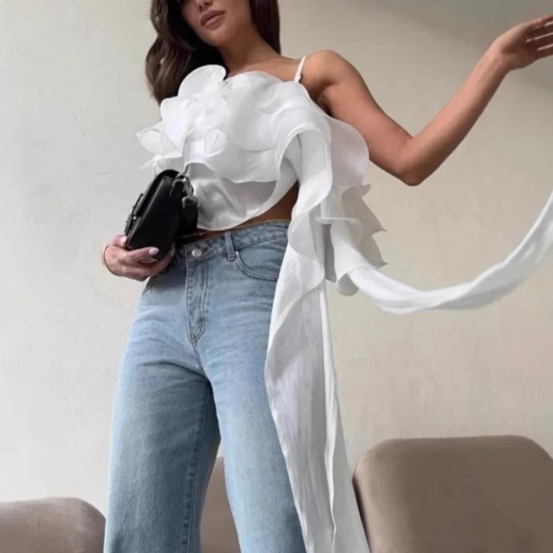 Elegant Irregular Backless Pleated Ruffle Flutter Halter Shirt Mssza