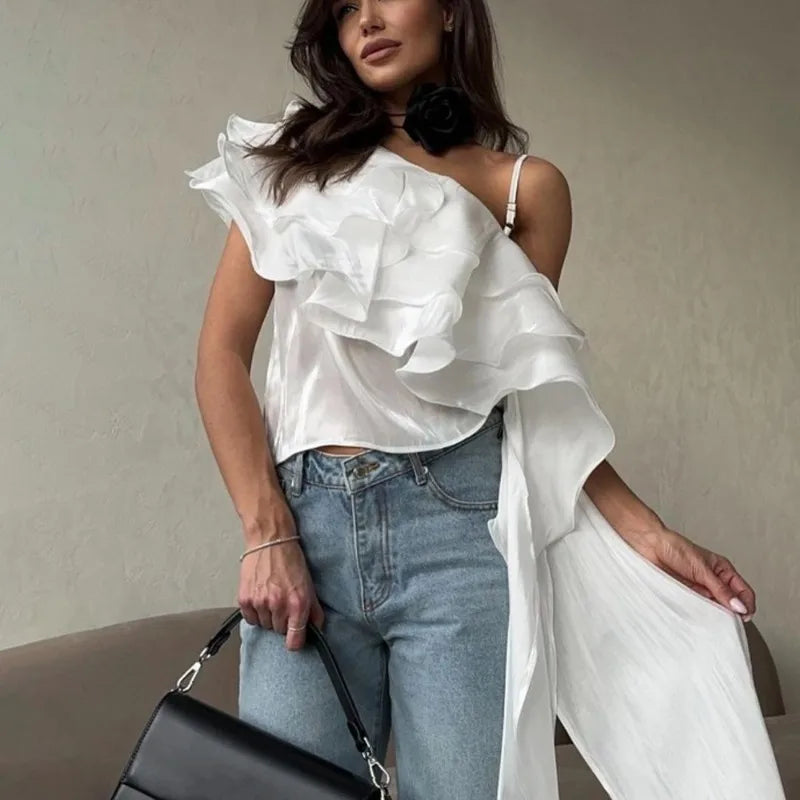 Elegant Irregular Backless Pleated Ruffle Flutter Halter Shirt Mssza