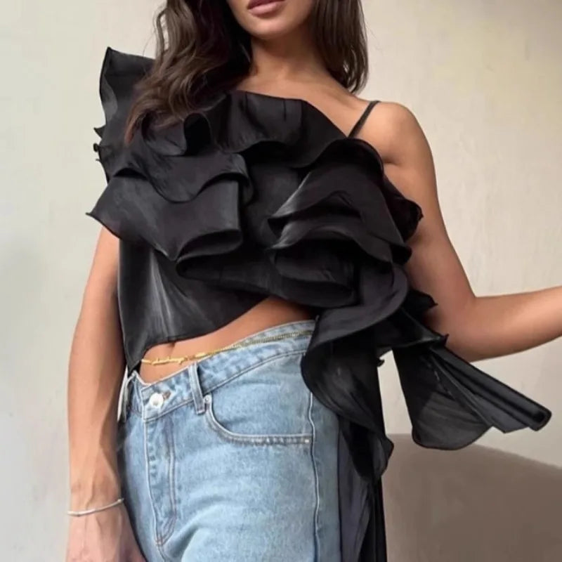 Elegant Irregular Backless Pleated Ruffle Flutter Halter Shirt Mssza