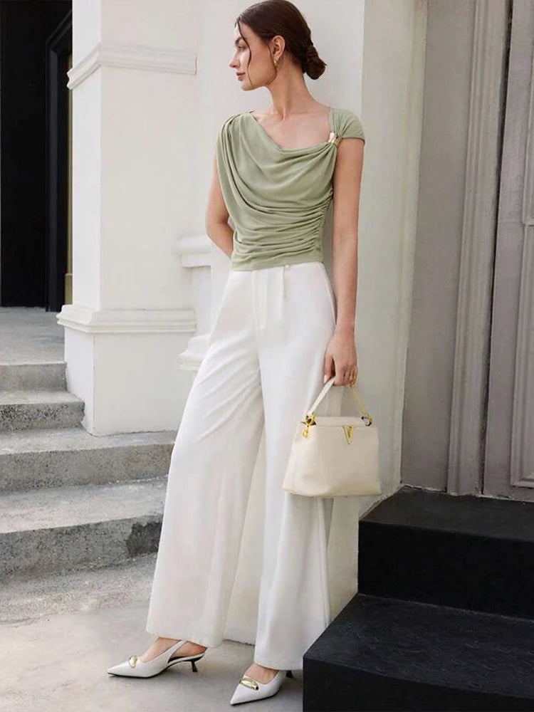 Elegant Irregular Metal Pleated High Stretch Solid Daily Casual Knots Tops Mssza