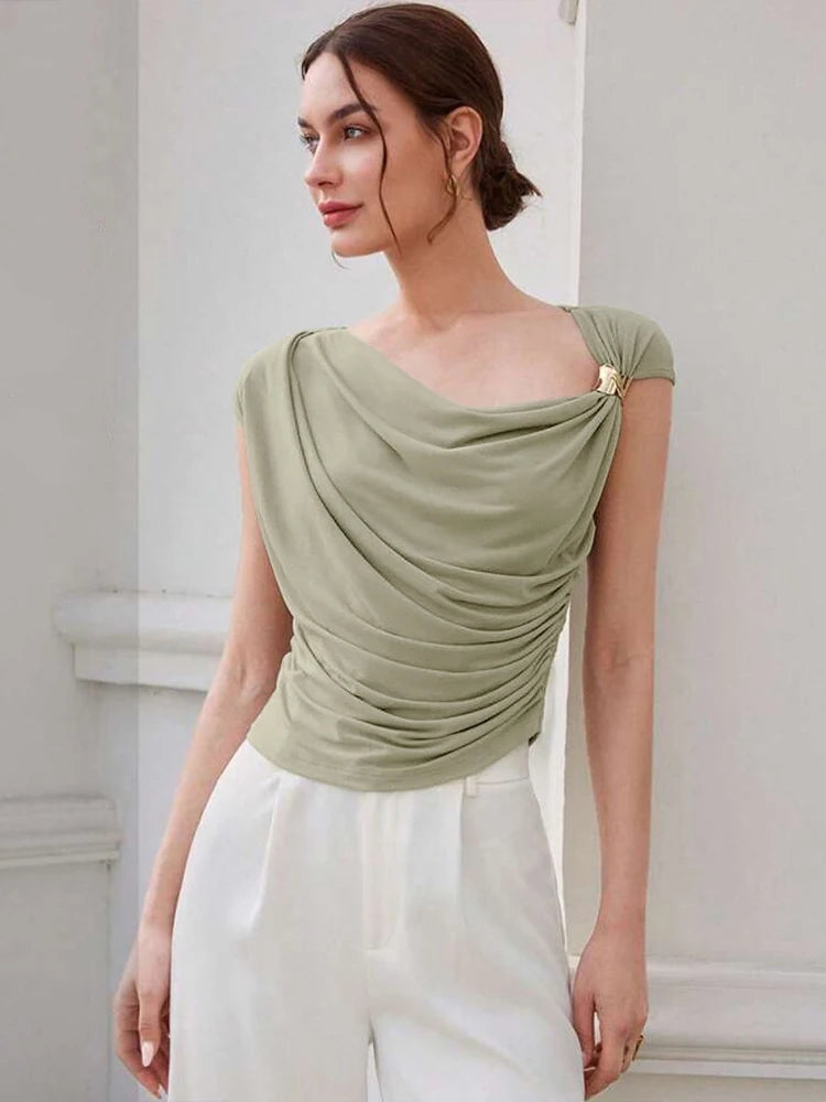 Elegant Irregular Metal Pleated High Stretch Solid Daily Casual Knots Tops Mssza