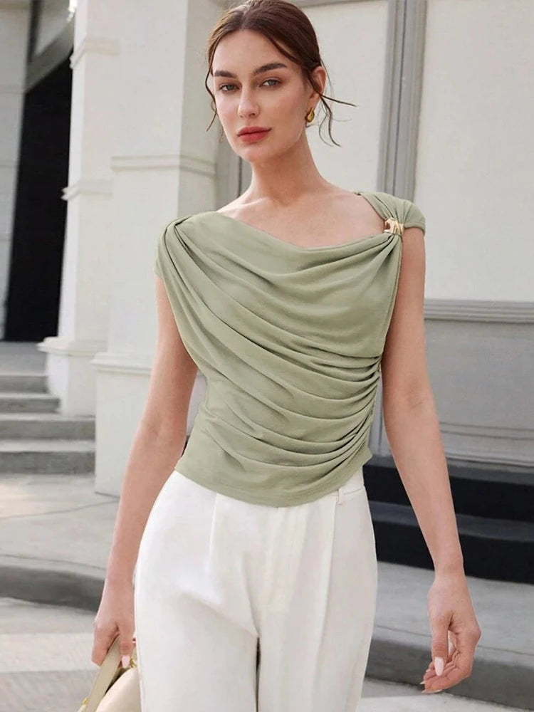 Elegant Irregular Metal Pleated High Stretch Solid Daily Casual Knots Tops Mssza