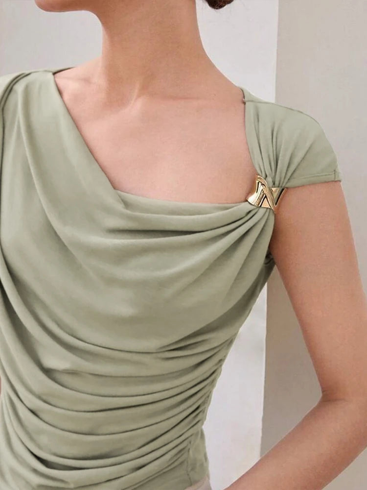 Elegant Irregular Metal Pleated High Stretch Solid Daily Casual Knots Tops Mssza