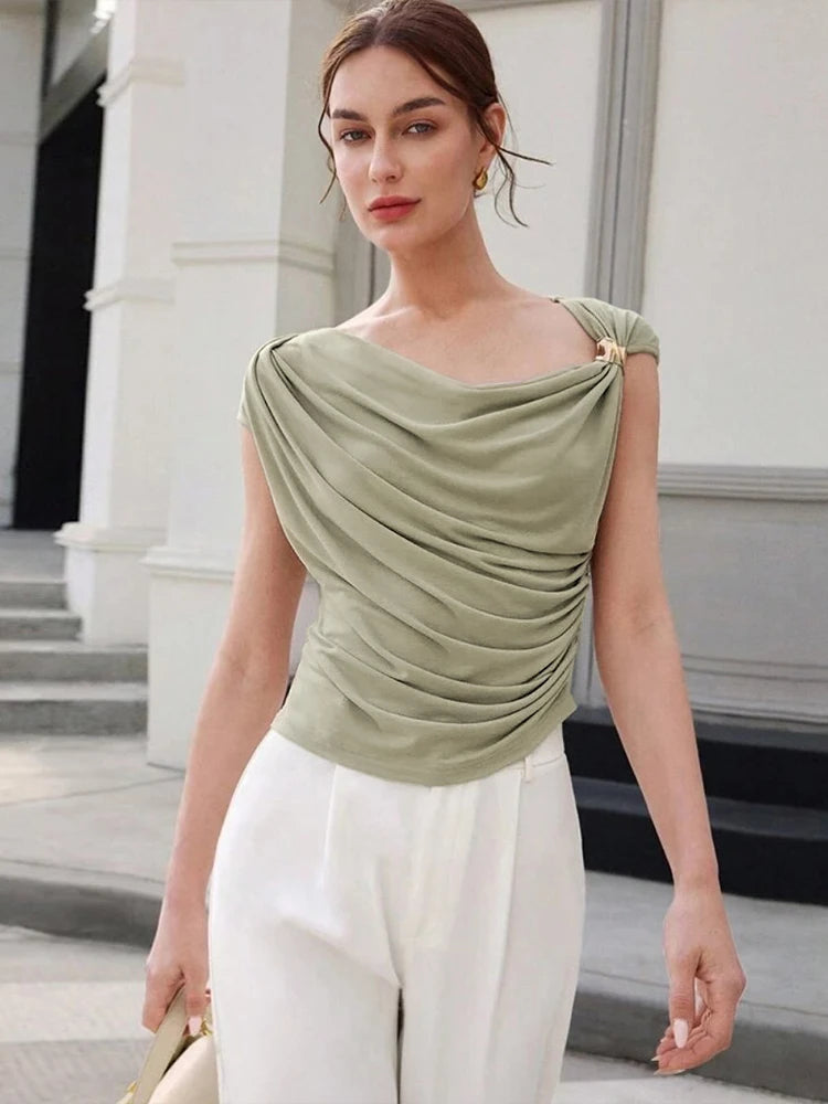 Elegant Irregular Metal Pleated High Stretch Solid Daily Casual Knots Tops Mssza