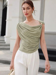 Elegant Irregular Metal Pleated High Stretch Solid Daily Casual Knots Tops Mssza