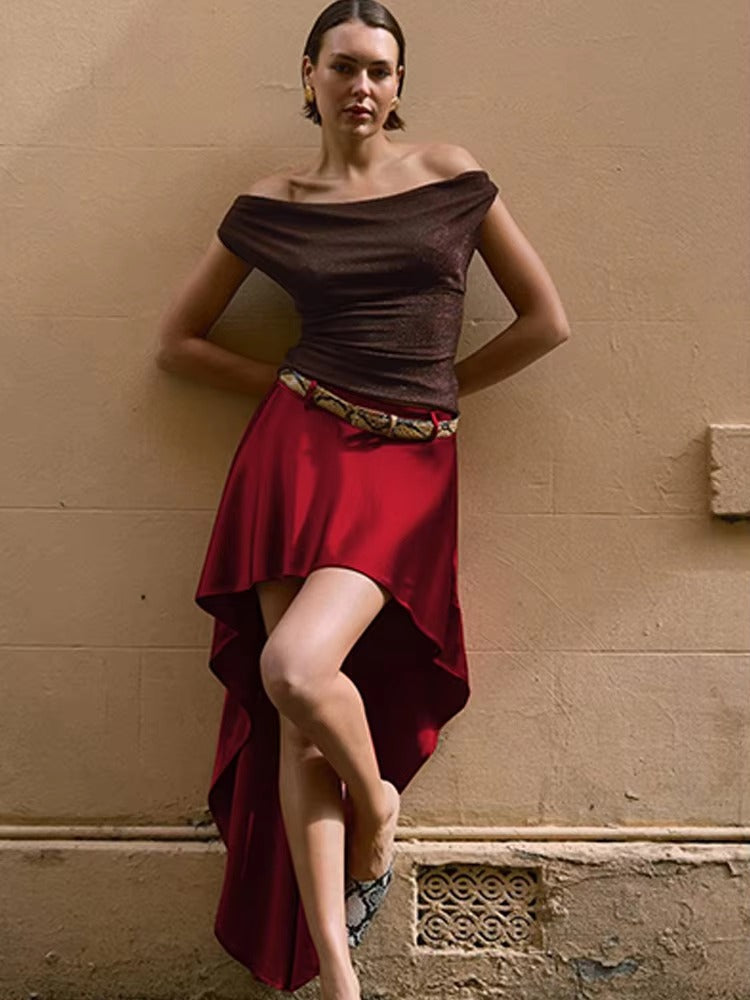 Elegant Irregular Satin Belt Loops Skirt And Top 2 Piece Set Mssza