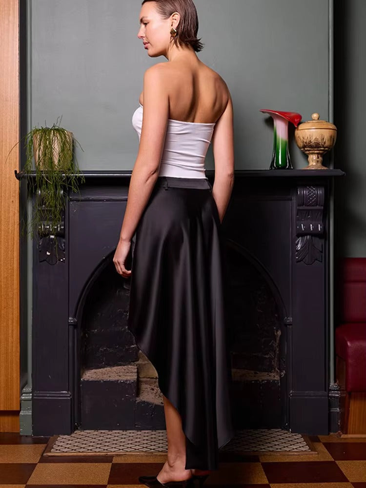 Elegant Irregular Satin High Waist Belt Loops Skirt And Top Mssza