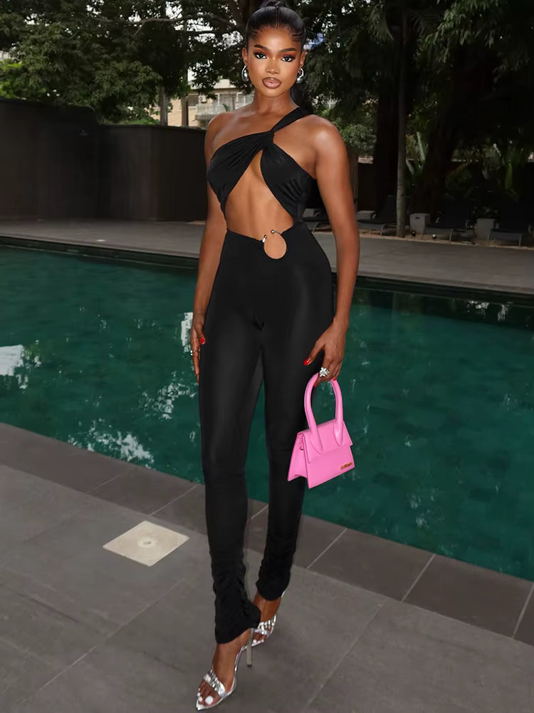 Elegant Irregular Single Shoulder Strap Sleeveless Skinny Hollow Jumpsuits Mssza