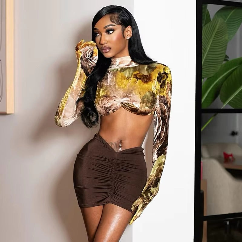 Elegant Knit Full Sleeve Crop Tops and Skirt 2 Piece Sets Mssza