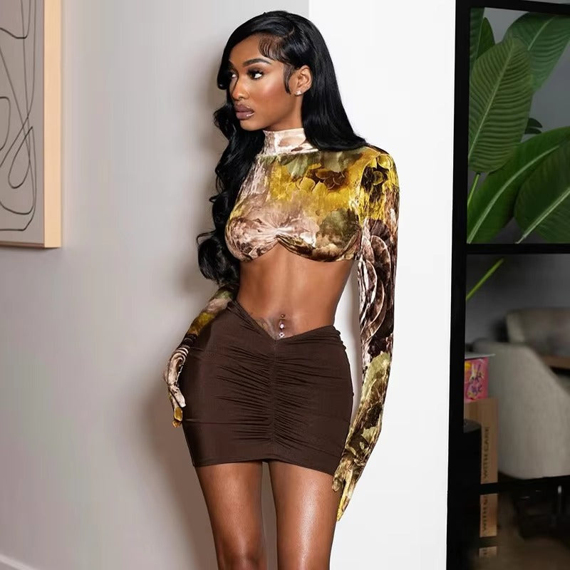 Elegant Knit Full Sleeve Crop Tops and Skirt 2 Piece Sets Mssza