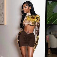Elegant Knit Full Sleeve Crop Tops and Skirt 2 Piece Sets Mssza
