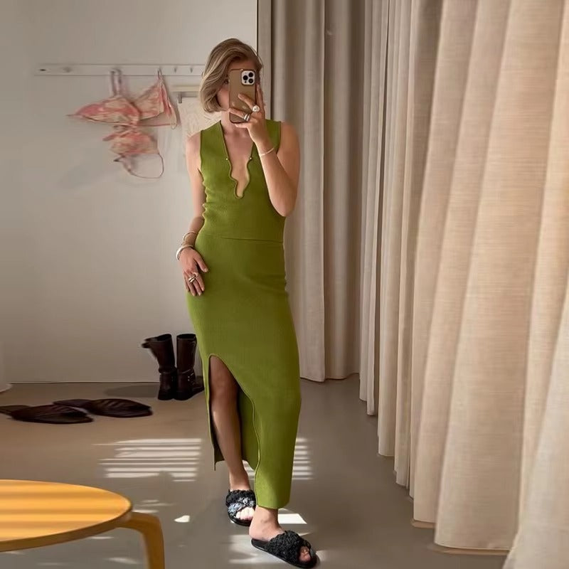 Elegant Knit Irregular Hollow Out V-neck Sleeveless Cropped Top High Waist Skirt Mssza