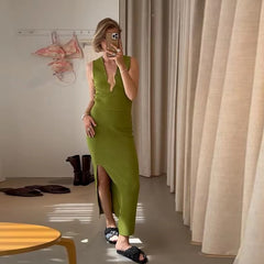 Elegant Knit Irregular Hollow Out V-neck Sleeveless Cropped Top High Waist Skirt Mssza