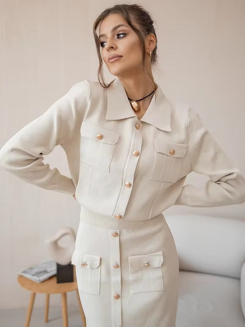 Elegant Knit Viscose Long Sleeve Blazer Skirt Two Piece Set Mssza