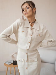 Elegant Knit Viscose Long Sleeve Blazer Skirt Two Piece Set Mssza