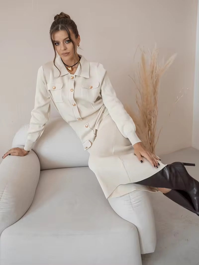 Elegant Knit Viscose Long Sleeve Blazer Skirt Two Piece Set Mssza