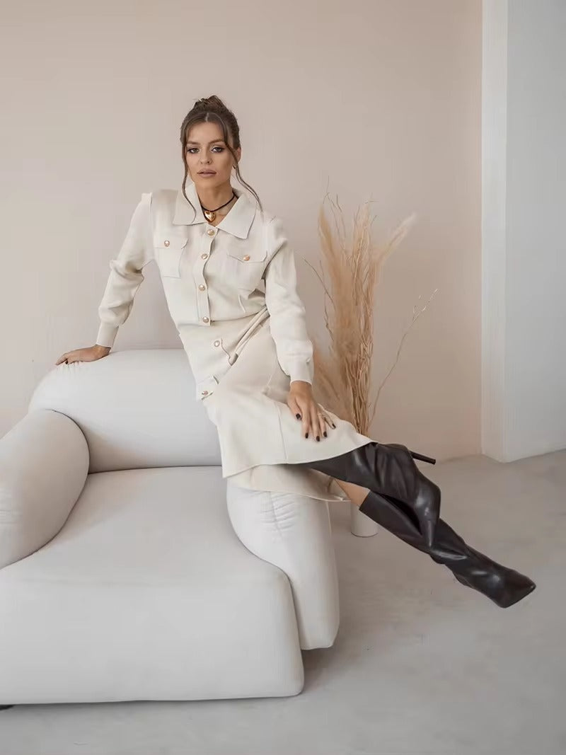 Elegant Knit Viscose Long Sleeve Blazer Skirt Two Piece Set Mssza