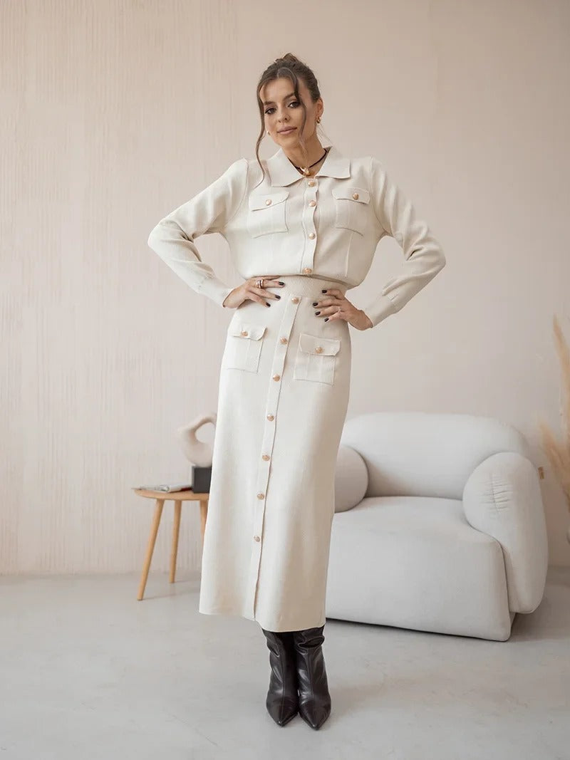Elegant Knit Viscose Long Sleeve Blazer Skirt Two Piece Set Mssza