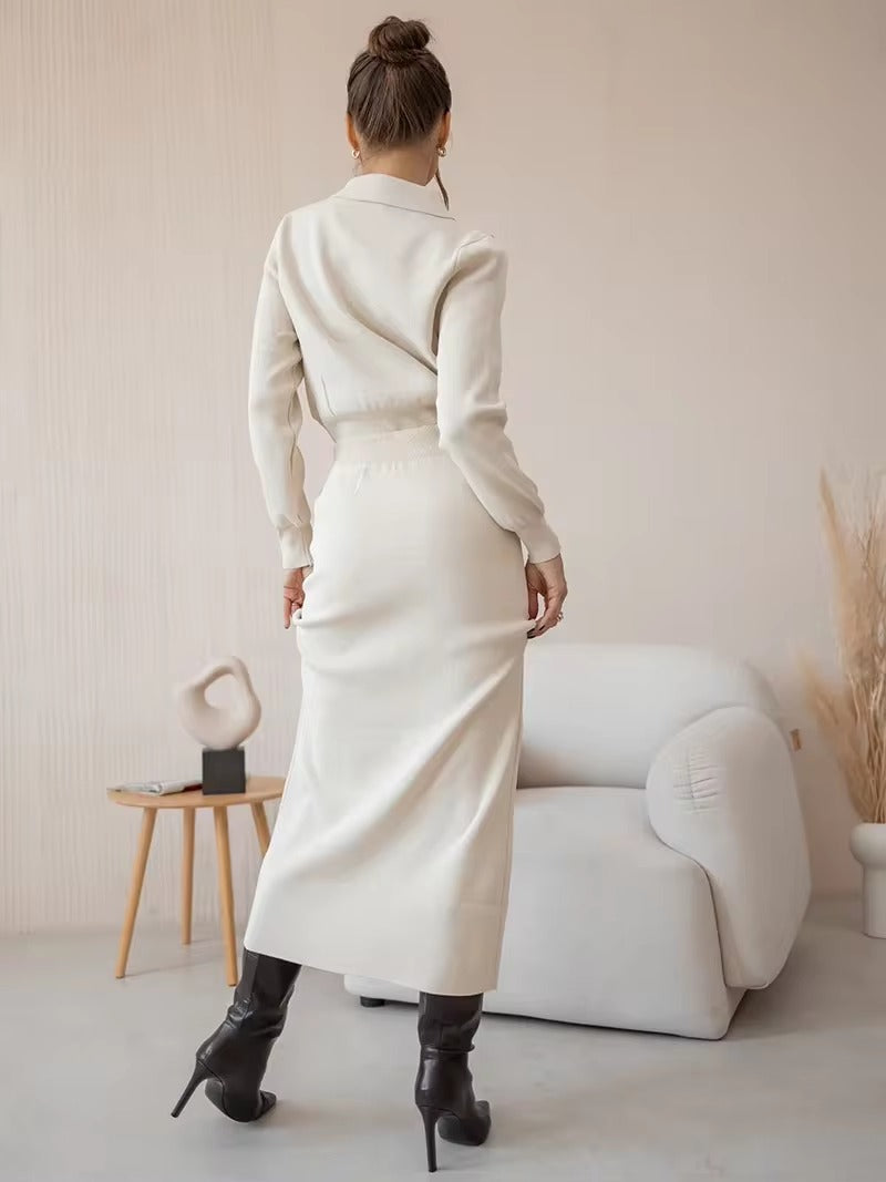 Elegant Knit Viscose Long Sleeve Blazer Skirt Two Piece Set Mssza