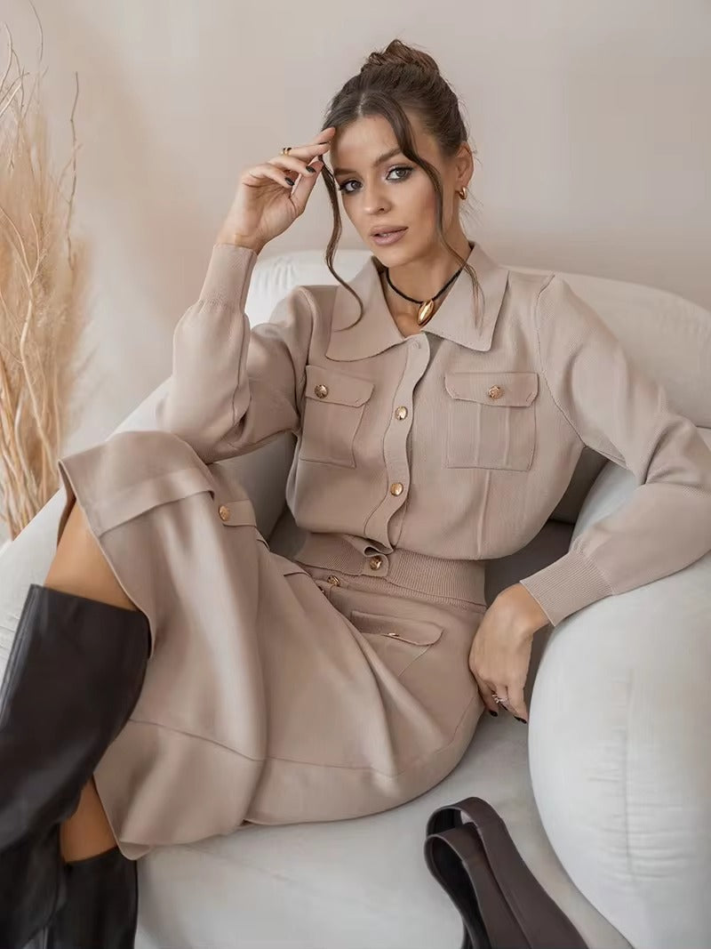 Elegant Knit Viscose Long Sleeve Blazer Skirt Two Piece Set Mssza