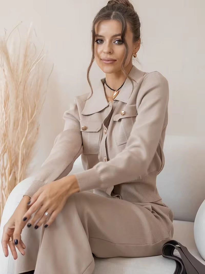 Elegant Knit Viscose Long Sleeve Blazer Skirt Two Piece Set Mssza