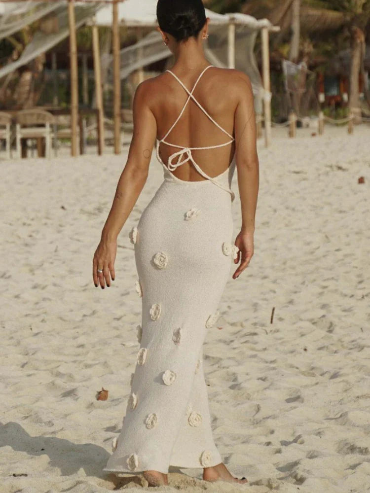 Knitted Beach 3D Floral Slim Strap  Backless Party White Long  Evening Maxi Dress Mssaz Desses
