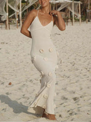 Knitted Beach 3D Floral Slim Strap  Backless Party White Long  Evening Maxi Dress Mssaz Desses