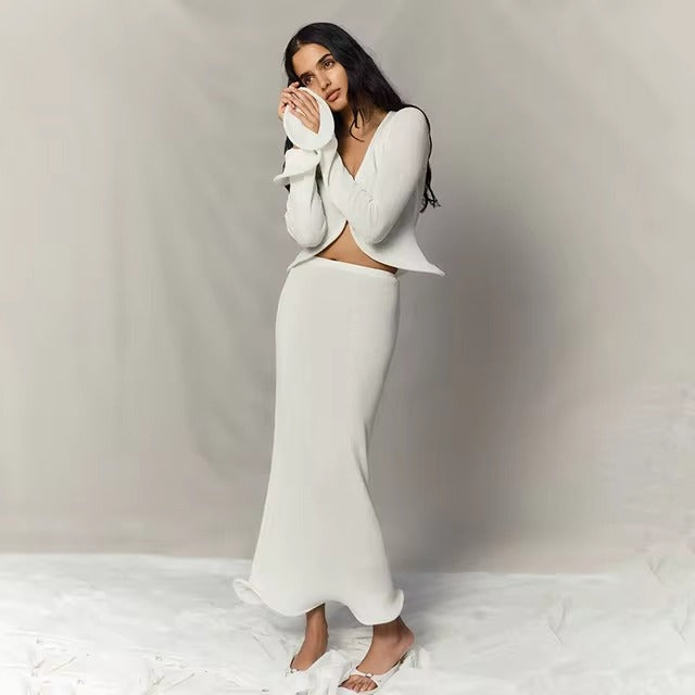 Elegant Knitted Flare Sleeve V Neck Hollow Out Tops Elastic Cardigan Skirts Sets Mssza