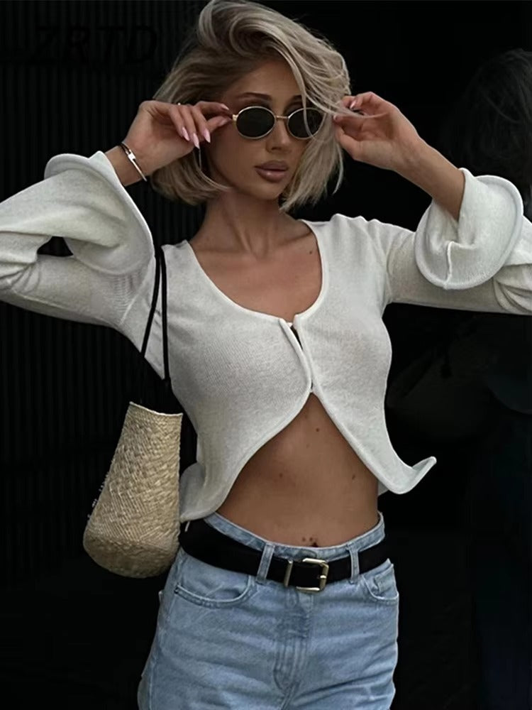 Elegant Knitted Flare Sleeve V Neck Hollow Out Tops Elastic Cardigan Skirts Sets Mssza