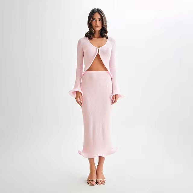 Elegant Knitted Flare Sleeve V Neck Hollow Out Tops Elastic Cardigan Skirts Sets Mssza
