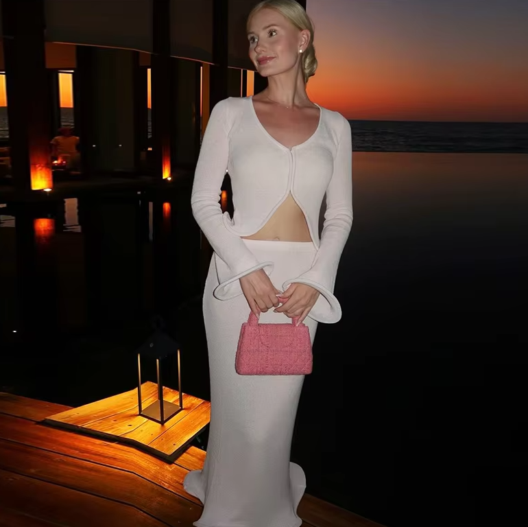 Elegant Knitted Flare Sleeve V Neck Hollow Out Tops Elastic Cardigan Skirts Sets Mssza