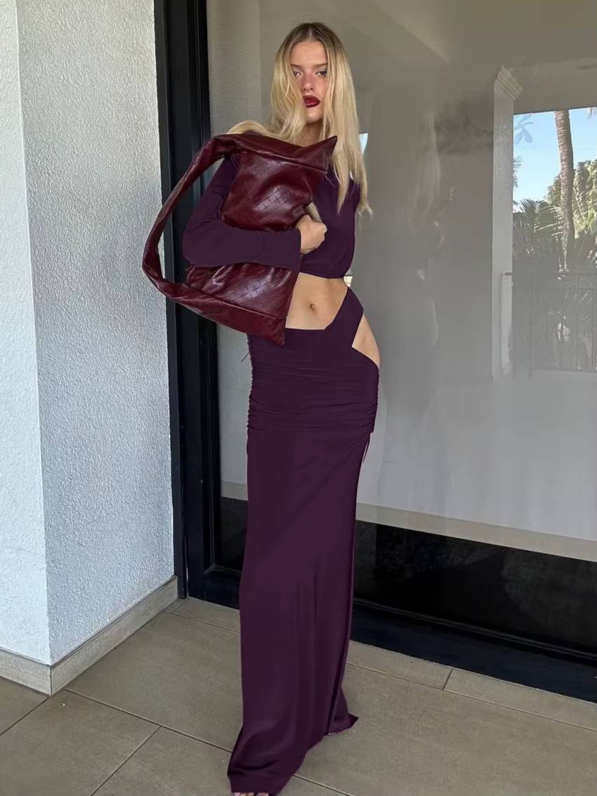Elegant Knitted Hollow Out Long Sleeve Crop Top With Mid Waist Long Skirt 2 Pieces Set Mssza