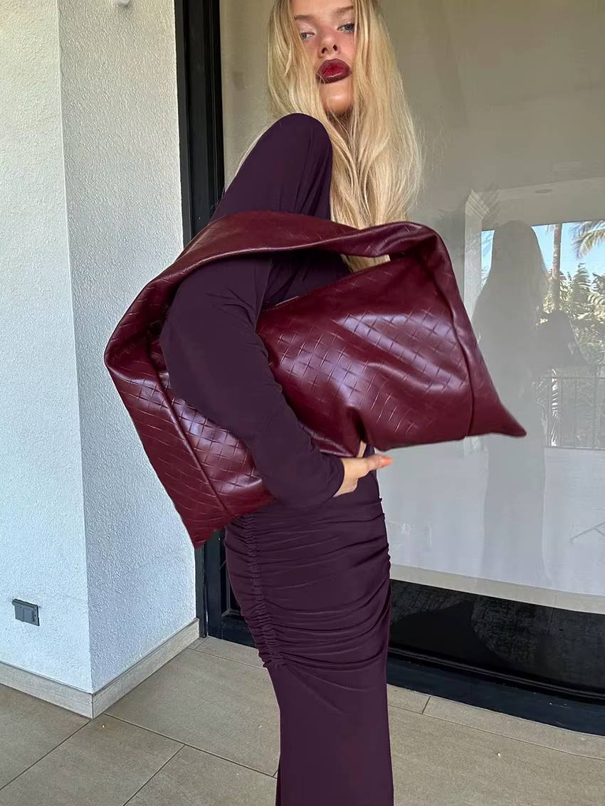 Elegant Knitted Hollow Out Long Sleeve Crop Top With Mid Waist Long Skirt 2 Pieces Set Mssza