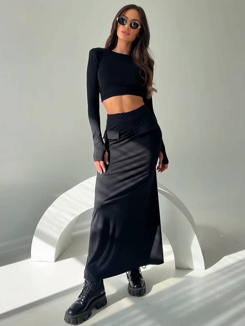 Elegant Knitted Long Sleeve Crop Top With High Waist Long Skirt 2 Piece Sets Mssza