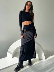 Elegant Knitted Long Sleeve Crop Top With High Waist Long Skirt 2 Piece Sets Mssza