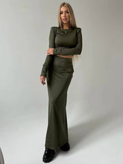 Elegant Knitted Long Sleeve Crop Top With High Waist Long Skirt 2 Piece Sets Mssza