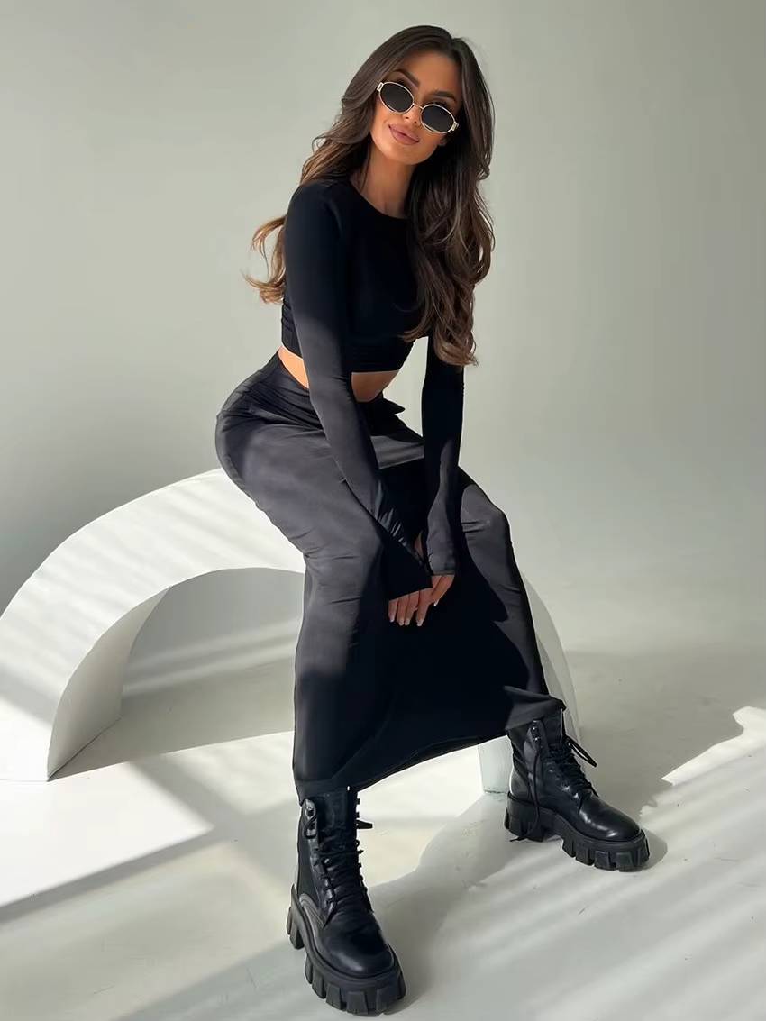 Elegant Knitted Long Sleeve Crop Top With High Waist Long Skirt 2 Piece Sets Mssza