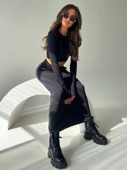 Elegant Knitted Long Sleeve Crop Top With High Waist Long Skirt 2 Piece Sets Mssza