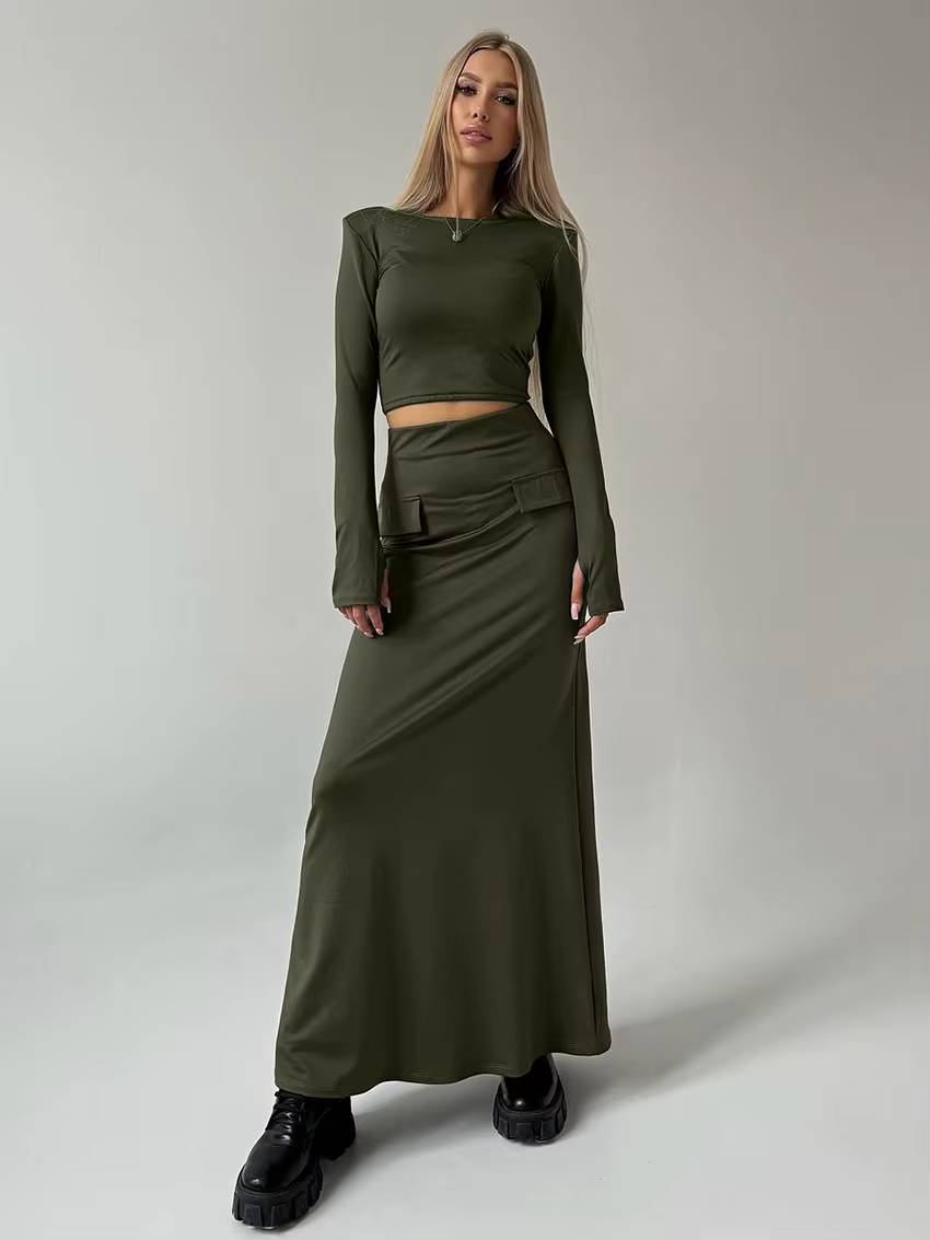 Elegant Knitted Long Sleeve Crop Top With High Waist Long Skirt 2 Piece Sets Mssza