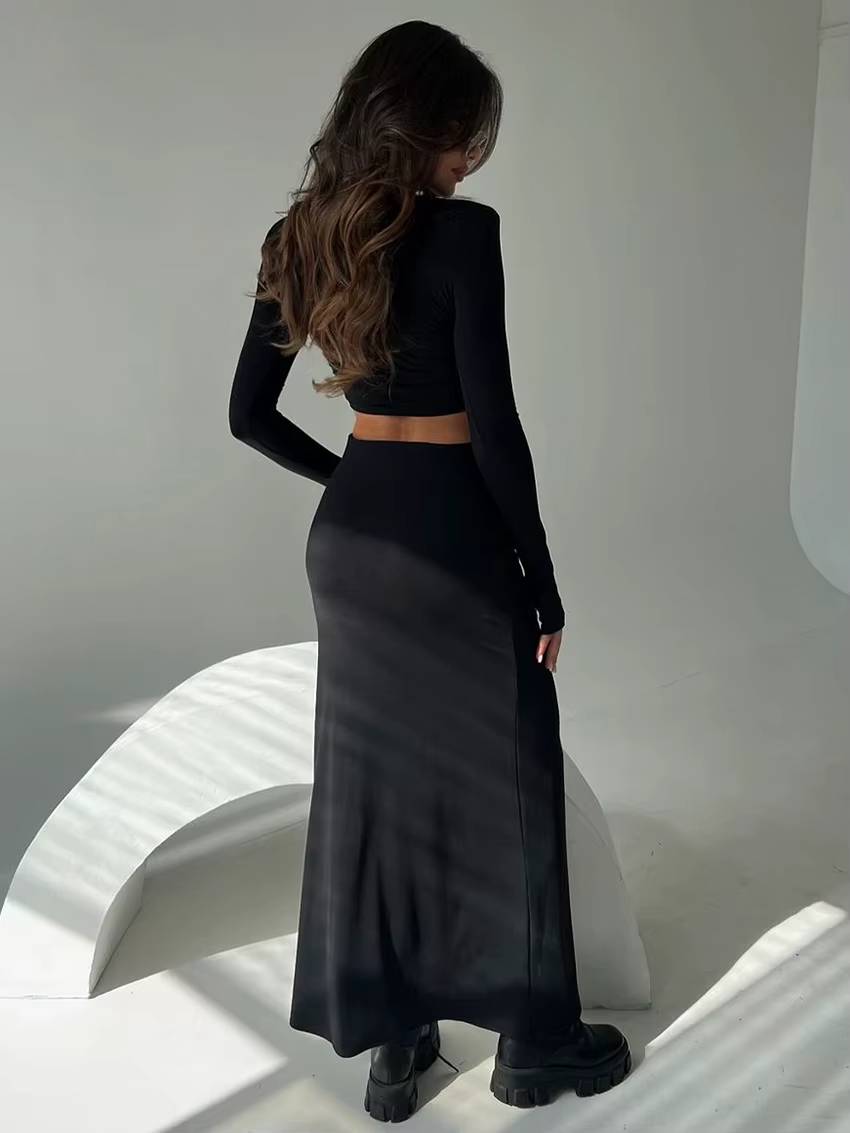 Elegant Knitted Long Sleeve Crop Top With High Waist Long Skirt 2 Piece Sets Mssza