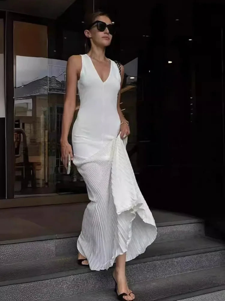 Knitted Patchwork V-neck Draped Fashionable Beach Vacation Party Stylish Maxi Dress Mssaz Desses