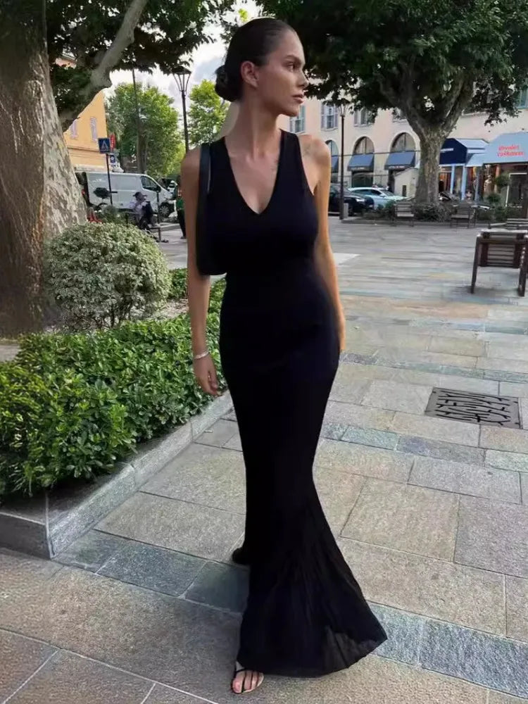 Knitted Patchwork V-neck Draped Fashionable Beach Vacation Party Stylish Maxi Dress Mssaz Desses