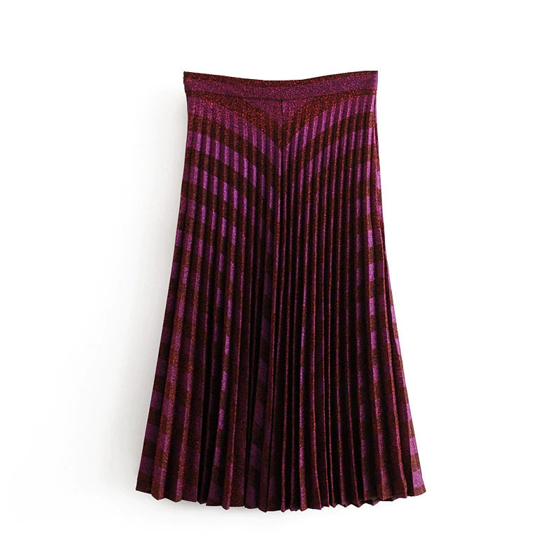 Elegant Knitting Bronzing Stripe Zipper High Waist Mid Calf Skirts Mssza