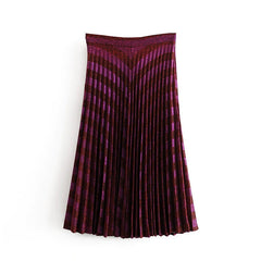 Elegant Knitting Bronzing Stripe Zipper High Waist Mid Calf Skirts Mssza