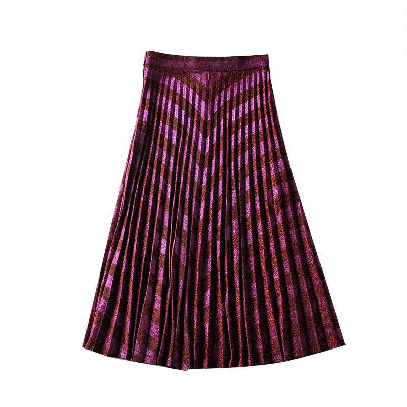 Elegant Knitting Bronzing Stripe Zipper High Waist Mid Calf Skirts Mssza