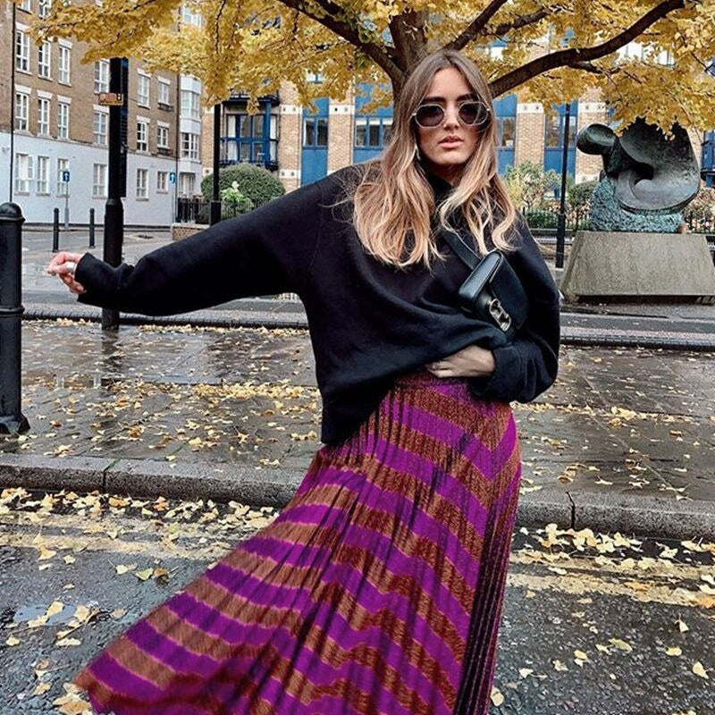 Elegant Knitting Bronzing Stripe Zipper High Waist Mid Calf Skirts Mssza