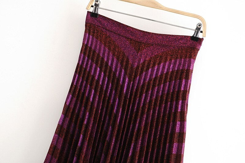 Elegant Knitting Bronzing Stripe Zipper High Waist Mid Calf Skirts Mssza